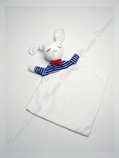 Doudou Plat/Mouchoir Lapin Blanc Bleu Marine Rayé Noeud Rouge - Envie De Fraise