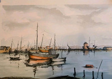 Lithographie XXème - Bateaux Voiliers Paysage marin - Jean Pierre Laurent