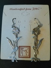 PMC .999 silver Ooak Iris flower long dangle earrings