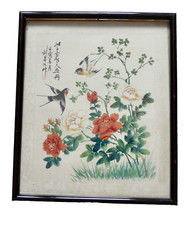 Peinture sur Soie JAPONAISE Signée Oiseux et Fleurs Tableau Japon