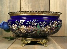 Antique French Planter Gilt Bronze Enamel Hand Painted Faience Jardiniere 19thC