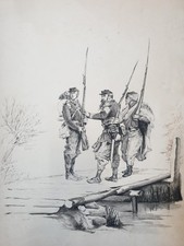 Dessin ancien à l'Encre Portrait scène Soldat infanterie Fin XIXe Signée