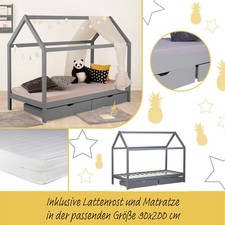 Lit Enfant matelas Maison Cabane Bois Gris 90x200 Lattes 2 Tiroirs Homestyle4u