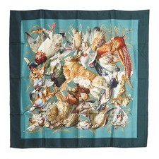 Hermès 1997 Foulard Carré 90 Linares Gibiers Spruce Blue Silk Twill Scarf Hermes