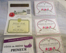 Lot 6 étiquettes bouteilles vin Beaujolais années 80 vins français cotes rhone