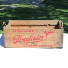 Ancienne grande caisse publicitaire 72 cm en bois vide Chocolat Poulain