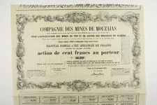 COMPAGNIE DES MINES DE MOUZAIAS ACTION DE 100 FRANCS PARIS 1853 + COUPONS