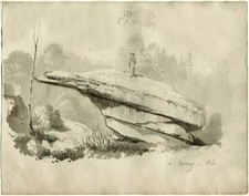 Chaos rocheux - La pierre levée-  Dessin original ancien au lavis