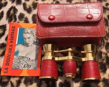 FRENCH 1920s WOMEN OPERA BINOCULARS GLASSES~RED ALLIGATOR & GOLD~IN ORIGINAL BOX