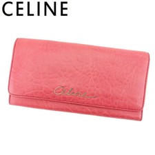 Portefeuille long CELINE en cuir rose double pli avec poche zippée design élé...