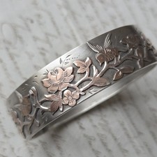 Bracelet Manchette Argent Massif Fin XIXè Décor Oiseaux Braches Fleuries en Or