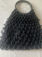 VINTAGE SAC STYLE FILOCHE CORDE TRESSÉE NOIR PERLES POIGNÉES RONDES  DOUBLÉ