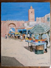 Huile sur toile orientaliste signée Giraud. Kairouan marché aux épices.