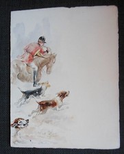 CHASSE A COURRE ancien menu ou projet peint à l'aquarelle signé Jan Lis le Lancé