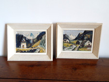 2 ANCIENS TABLEAUX en BOIS Sculpté Paysage en Relief Montagne Signé YVET