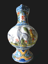 Ancien Pichet en Faïence Delft XIXe * Décor Animalier et Château Polychrome