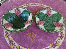 Saladier Egouttoir Coupe à Fruits et son Plat Faience BF Barbotine Raisin Rouge