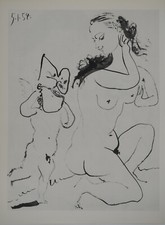 Pablo PICASSO : Comédie Humaine, Eve et l'ange voyeur,  Héliogravure, 1954