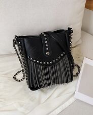 Sac Seau A Bandoulière Clouté A Franges Femme Noir En Simili Cuir Vintage Chaîne