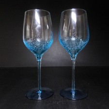 N9142 Cristal 2 verres à pied eau vin vintage fait main bleu transparent bulles