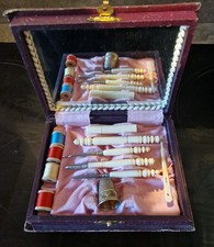 COFFRET ENSEMBLE COUTURE ART DÉCO MIROIR DÉS A COUDRE ANCIEN 