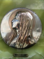 RELIQUAIRE bronze argenté ancien MÉDAILLE VIERGE MARIE signée RUFFONY ONYX VERT