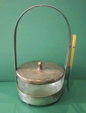 Rare Ancien Confiturier Où Beurrier En Inox Verre Gravé Forme Tulipes Vintage