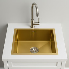 Évier de cuisine encastré en acier inoxydable, cuve simple carrée dorée