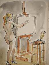 Yves BRAYER : Modèle nu préparant une toile, Aquarelle originale signée