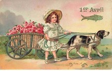 Carte Gaufrée - 1er Avril - Fillette tenant un chien tirant une charette remp