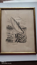 Lithographie René Seyssaud, barques, marine,  encadrée sous verre, signée