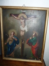 Rare ancien tableau religieux huile sur panneau Jesus croix XVIIIe-XIXe