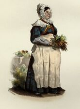 1841 MARCHANDE FRUITS LÉGUMES Français gravure estampe aquarellée gommée époque