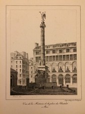 Paris, colonne et fontaine du Chatelet, gravure XIXe 1820