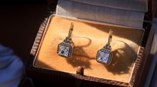 Boucles d'oreilles Dormeuses Doré Antique Belle Epoque Carré CZ Blanc Retro SA1