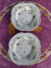 2 Assiettes Octogonales Terre de Fer Faience Gien Déco Oiseaux Fleur Vert 26,5cm