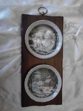 Currier And Ives Wall Plaque Two Mini Plates On Wood  CR