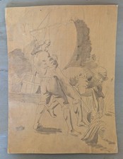 Pêcheurs bretons Dessin XIXème Lavis 