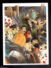 Tintin. Carte postale Tintin et d'autres personnages. Pastiche par PASCAL SOMON.