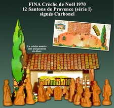 FINA Crèche de Noël 1970, 12 Santons de Provence signés Carbonel, argile 70mm