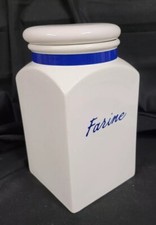 Rare Grand  Pot A farine  En Ceramique Blanche Liseré  Bleu - Vintage 