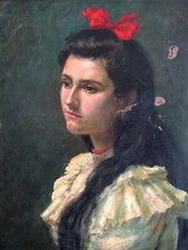 PEINTURE IMPRESSIONNISTE XIXe-PORTRAIT DE JEUNE FILLE AU RUBAN-ÉCOLE ESPAGNOLE?