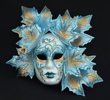 Masque de Venise Décoration Visage Magnolia Feuilles - bleu et doré antique #182