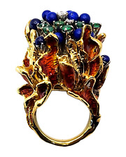 Gorgeous Very Unique Women's Large 18K Yellow Gold Ring with Diamonds, Sapphires