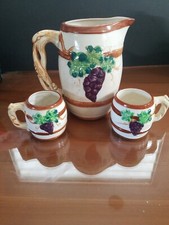 Majolica Pattern Pottery Hand Painted Pitcher Grapes Leaves Twig Handle Colorful