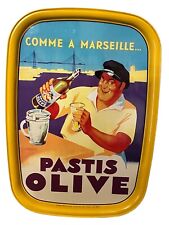ANCIEN  PLATEAU PUBLICITAIRE VERRE PASTIS OLIVE TÔLE PAS ÉMAILLÉE PETIT DÉJEUNER