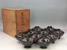 1920's Japonais Ancien Wajima-Ware en Bois Soupe Boules Laque Chinkin Set 2