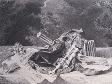 Léon GAUCHEREL (1816-1886) EAU FORTE CORNEMUSE BAGPIPE MUSIQUE NATURE MORTE 1880