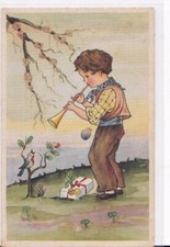 CPA Fantaisie PETIT GARCON jouant de la trompette devant Oiseau chanteur  1944