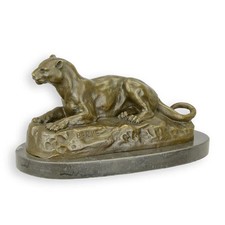STATUE MODERNE SCULPTURE BRONZE LIONNE INCLINEE